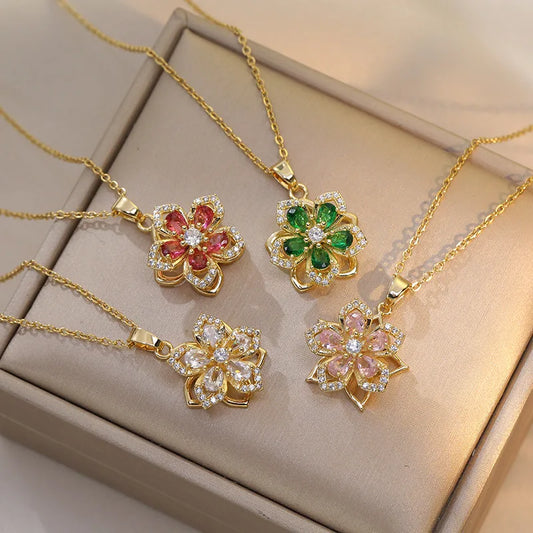 Stainless Steel Gold Plated Rotatable Flower Necklace